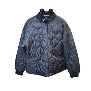 Sanctuary Quilted Bomber Jacket Black Ribbed Collar Cuffs Snap Front Size L